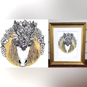 Queen's Crown Original art horse crystals floral wreath mystic moon sun ink